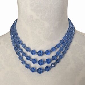 Vintage Blue Crystal Beaded Necklace | Multi Strand Faceted Glass Statement